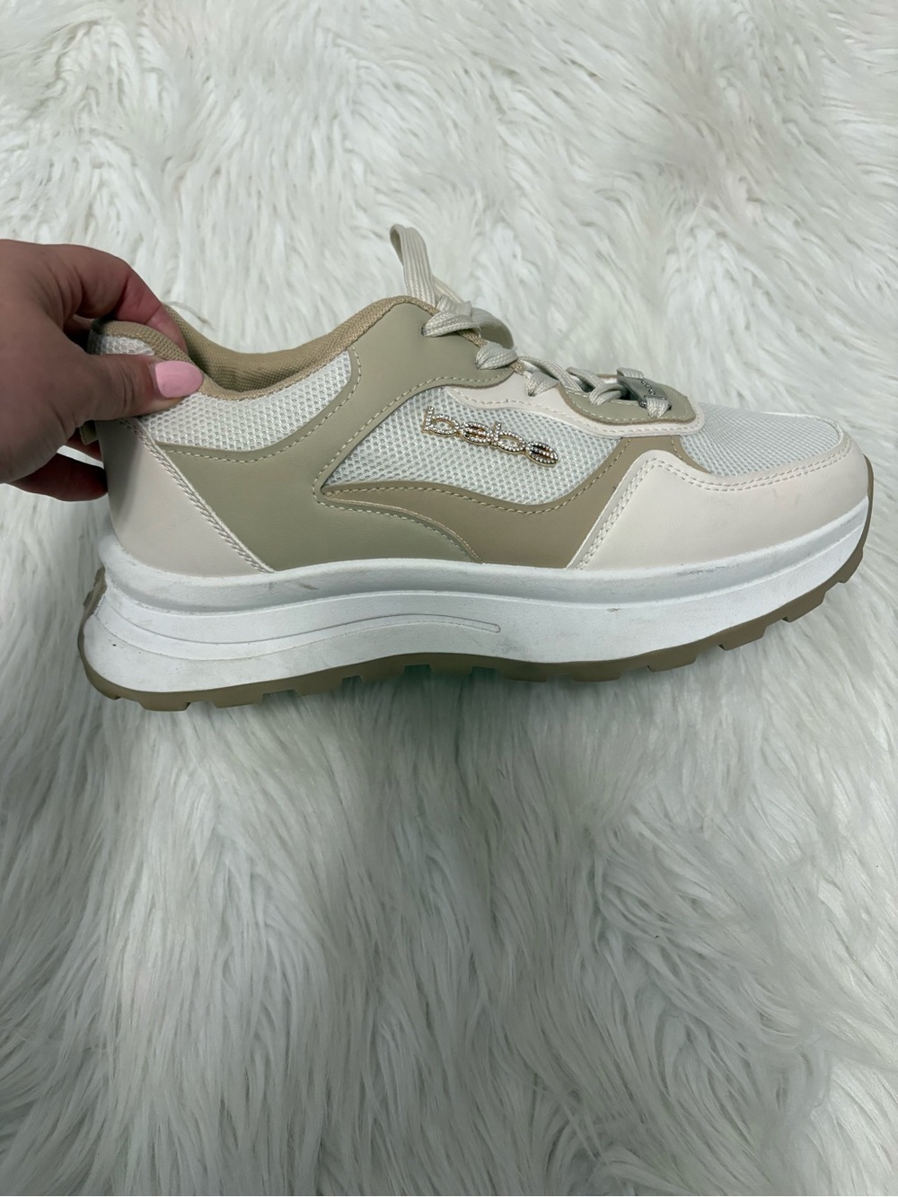 Bebe Cream Beige Aliza Metallic Rhinestone Logo Platform Sneakers